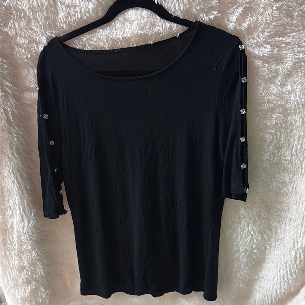 Chic Black Blouse with Embellished Sleeves